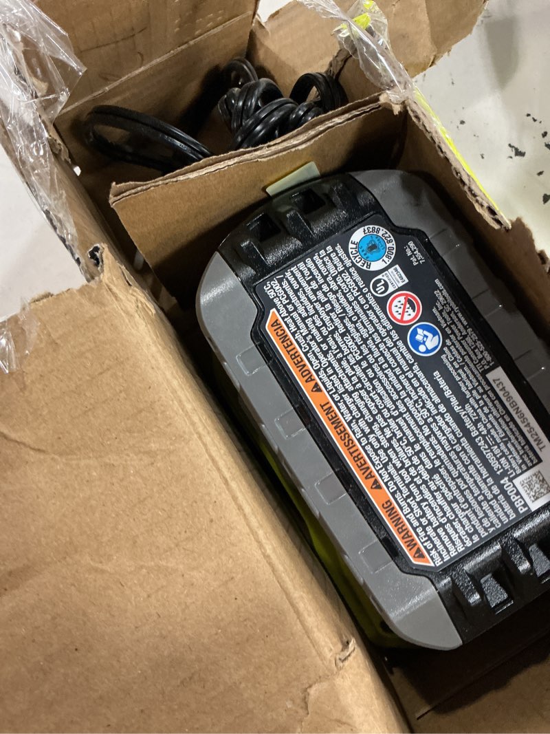 Condition photo showing As Is for ryobi one+ 18v lithium-ion starter kit with (1) 2.0 ah battery, (1) 4.0 ah battery, and charger