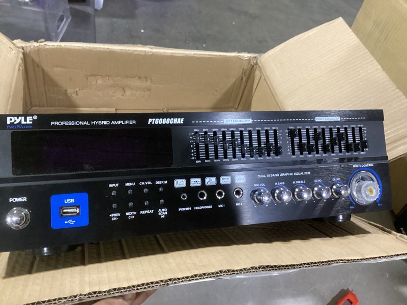 Condition photo showing As Is for (similar to )pyle bluetooth hybrid home amplifier - 6-channel 2000w rack mount power amplifier receiver w/ radio - dual 10 band eq, karaoke microphone x2, usb, rca, coax, opt, dvd inputs, hidef input and output 6 channel amplifier 2000w amplifier