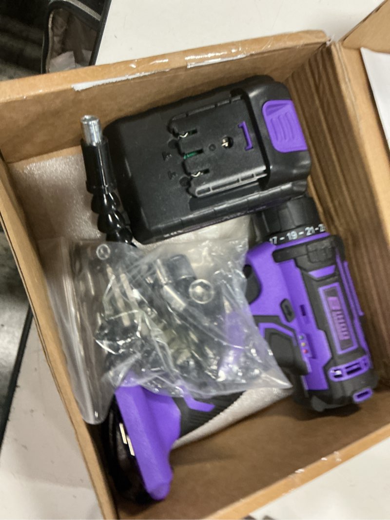 Condition photo showing Good Condition for purple cordless drill set,20v drill driver with battery and charger,3/8-inch keyless chuck, variable speed,with drills bits set