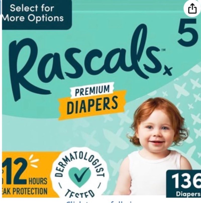 rascals premium diapers, size (5, 136, count) 5 136