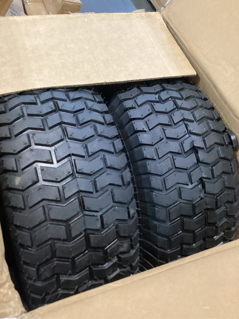 Condition photo showing As Is for gicool 16x6.50-8 riding lawn mower rubber tire and wheel, 2 pcs replacement 16x6.5-8nhs garden tractor lawnmower tyre, bearing bore 3/4" & 5/8", 3"-4.5" centered hub 16x6.50-8"
