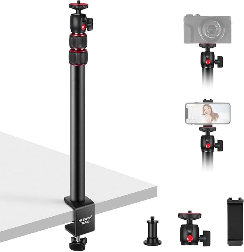 neewer camera desk mount with phone holder & 360° ball head, 17"-40"/43-102cm telescopic c clamp table light stand 1/4"screw, desktop stand 6.6lb/3kg max load for dslr camera, webcam, ring light,tl283