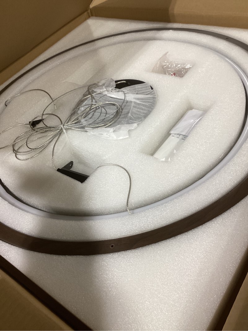 Condition photo showing Good Condition for LED Ring Chandelier Dimmable Black Chandelier Round Foyer Chandeliers Light Walnut Wood Black Circular Chandeliers for Dining Room Entry Bedroom Office Living Room, 24in Walnut Wood Black 30W Downlight