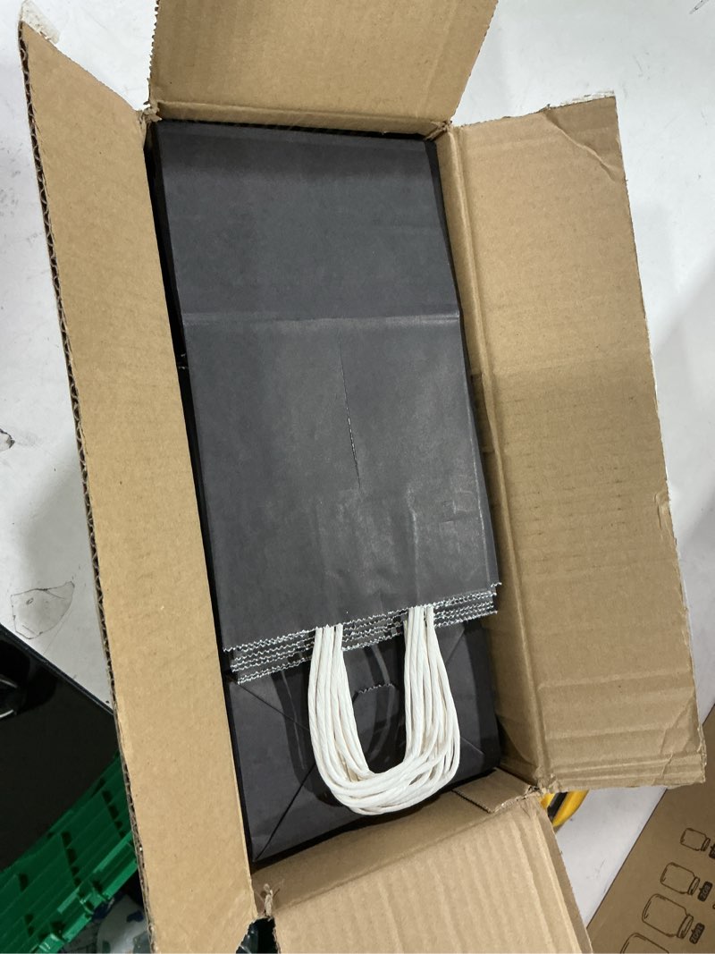 Condition photo showing New/Like New for toovip 50 pack 5.25x3.25x8.25 inch small black kraft paper bags with handles bulk, gift wrap bags for favor grocery retail party birthday shopping business goody craft merchandise take out cub sacks