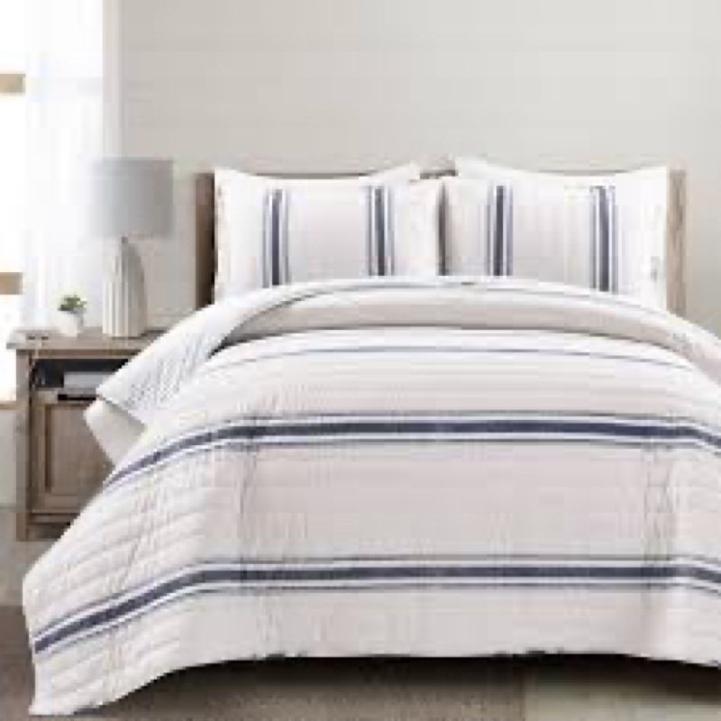 lush decor farmhouse stripe reversible cotton quilt queen size 3 piece set full/queen navy - farmhou