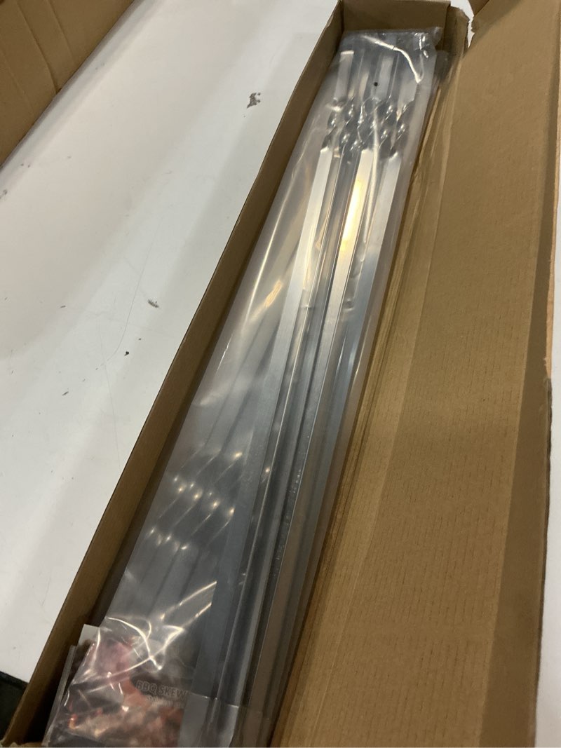 Condition photo showing New/Like New for large metal skewers for grilling shish kebab sticks 22 inch skewers for kabobs flat barbecue skewer stainless steel grill stick for meat, chicken, shrimp, fruit, vegetables(12pcs) 22 inch (stainless steel handle)