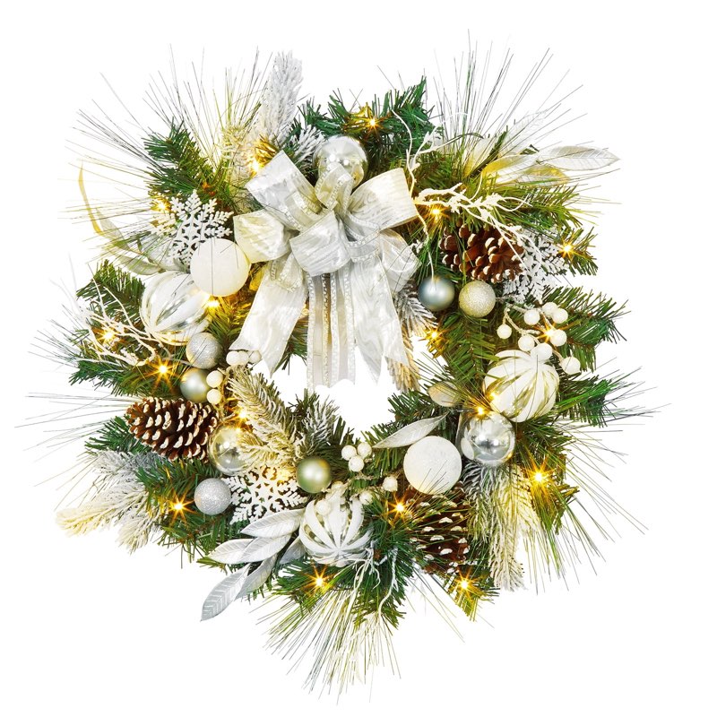 24 inch Pre-lit Christmas Wreath White and Blue,Winter Pine Wreaths with Blue Ball LED Lights for Front Door for Fireplace Xmas Hanukkah Decorations, Wall Window Indoor Outdoor Decor Blue-24in