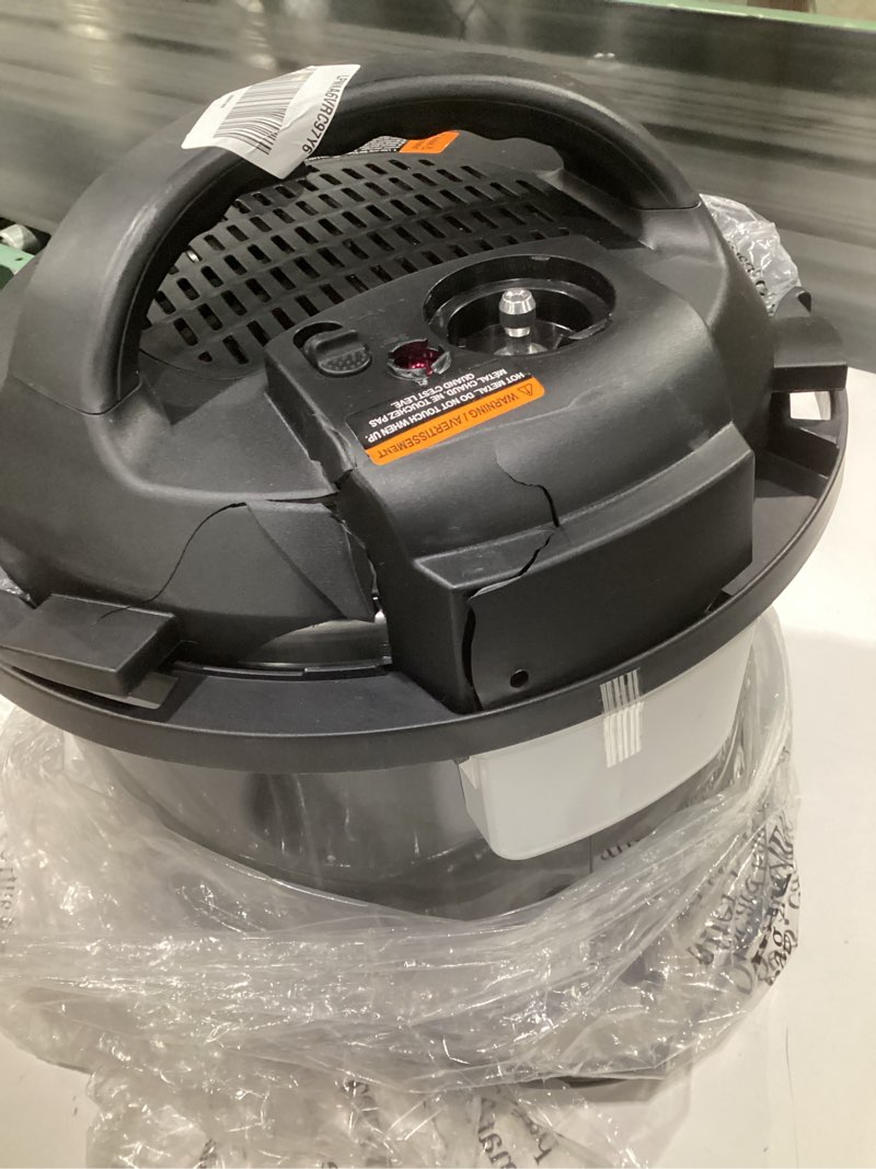 Condition photo showing As Is for (not tested, damaged,wont open)instant pot pro 10-in-1 pressure cooker, slow cooker, rice/grain cooker, steamer, sauté, sous vide, yogurt maker, sterilizer, and warmer, includes app with over 800 recipes, black, 6 quart 6 quartso