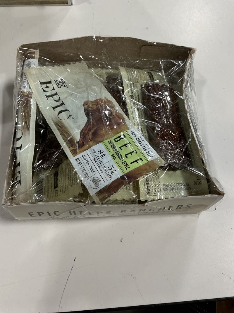 Condition photo showing As Is for 04/07/26 Epic Beef Apple Bacon Bars, Whole30, Paleo Friendly, 12 ct Beef Apple Bacon 12 Count (Pack of 1) (missing 1 stick)