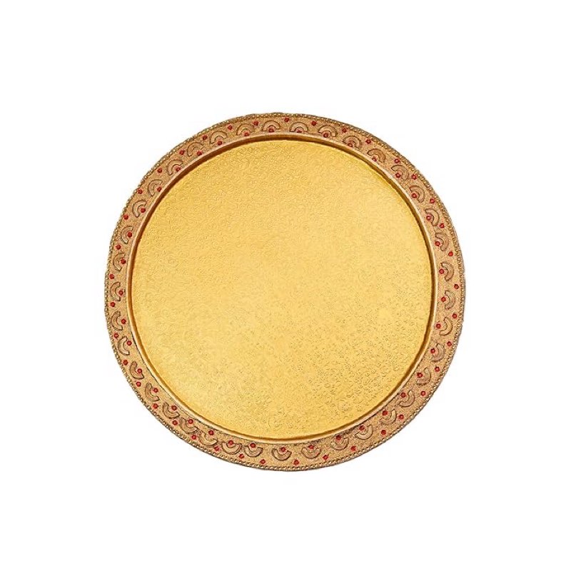 Condition photo showing Good Condition for desi dotss 18 inches round multipurpose hamper fancy tray/platter, gifting, decoration - red stones embellished golden gift packing tray/decorative tray/round gift packing tray/wedding tray