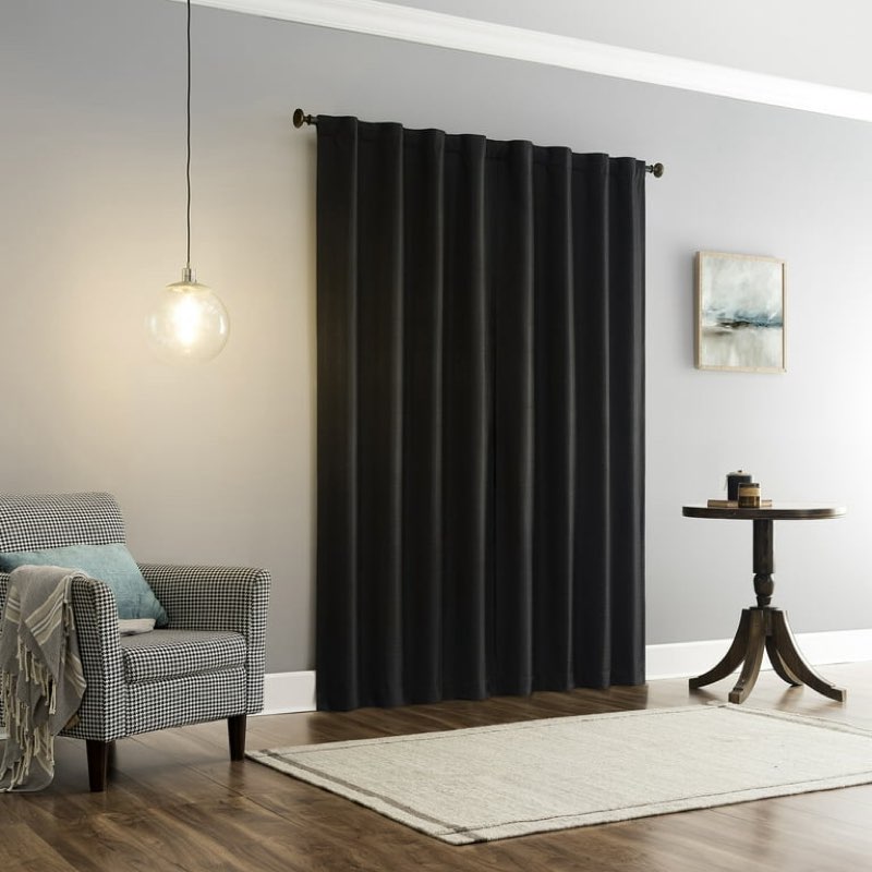 sun zero vance 2-piece magnetic closure 100% blackout back tab curtain panel pair, 37"x84", black