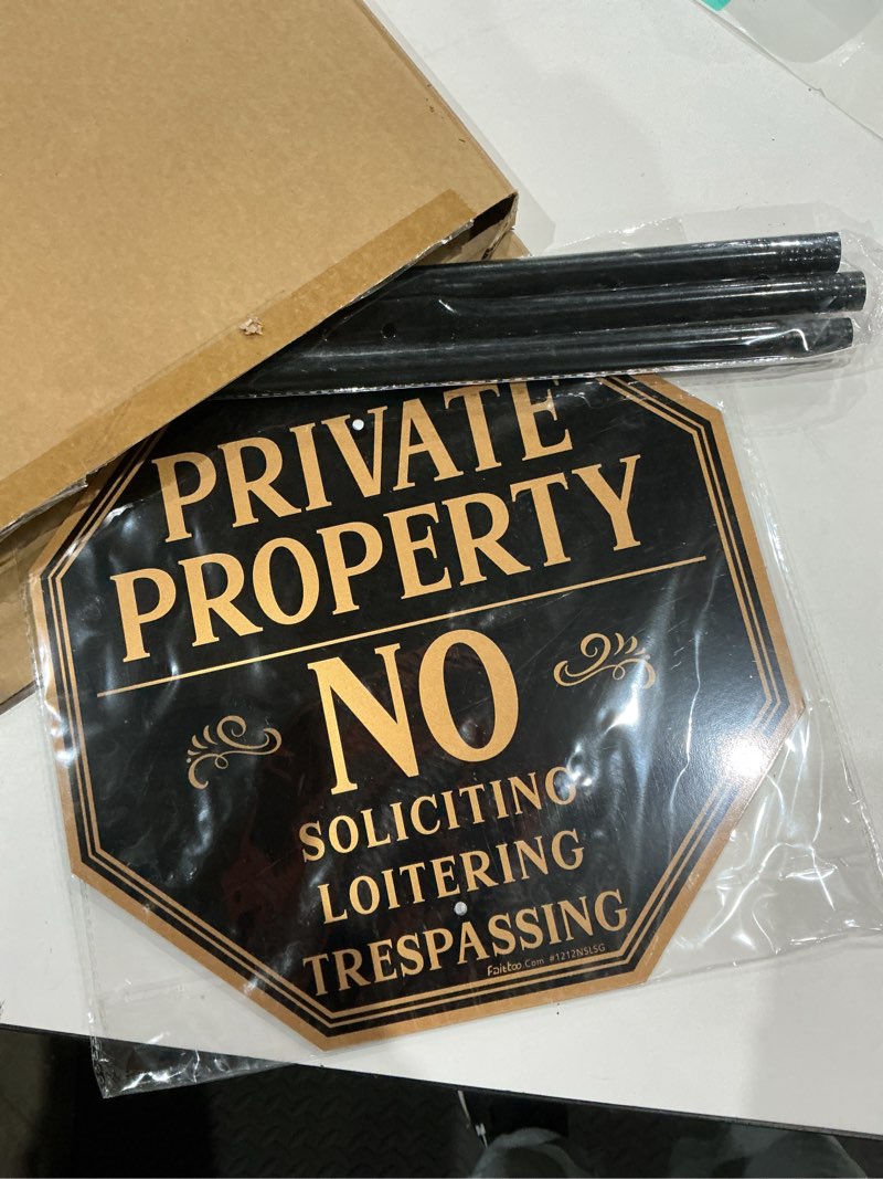 Condition photo showing As Is for (used)faittoo large private property no soliciting sign for house no trespassing sign with 54\" metal thick stake, 12\"x12\" rust free heavy aluminum, reflective, fade resistant, easy to mount, outdoor use black gold - 1 pack