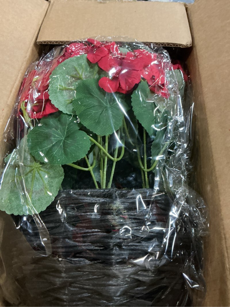 Condition photo showing New/Like New for glidlion 2 set artificial geraniums flowers with hanging baskets for outdoors - sun resistant silk with geranium flowers, fake hanging planters for front porch garden patio home decor (red)