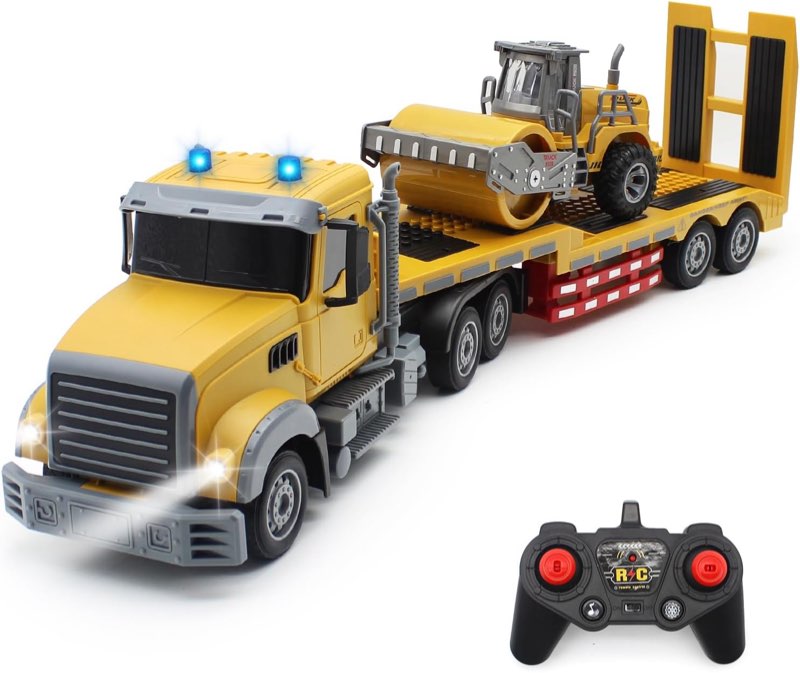 rc semi truck, remote control semi truck and trailer toy 22.5 inch, 2.4ghz semi truck toy with sound and lights road roller model, 1/24 rc construction vehicles toy for adults & kids boys