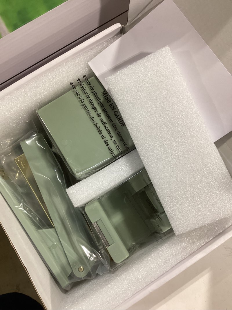 Condition photo showing New/Like New for aesthetic desk accessories set - a complete desktop organizer set for women enhances any office decor - an office supplies kit w gold finish incl. pen holder, scissors, stapler, tape dispenser & more sage