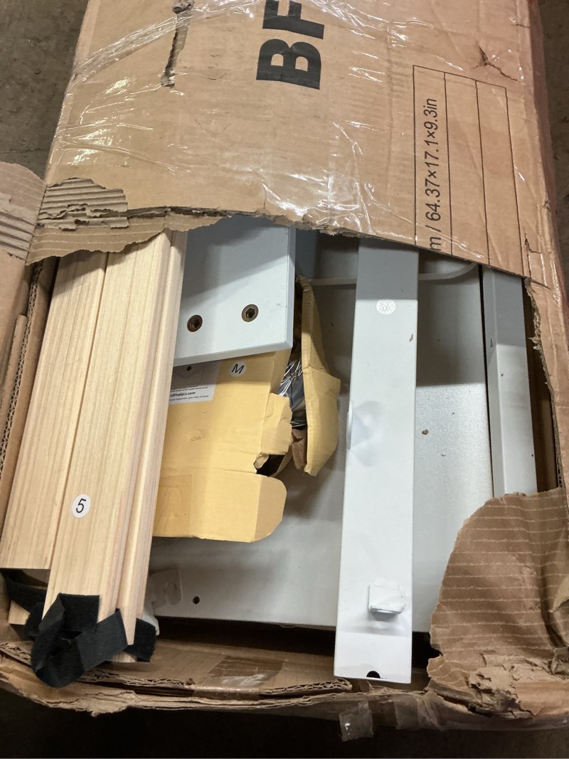 Condition photo showing As Is for rolanstar queen bed frame with charging station, bookcase headboard bed with led light and sliding doors, platform bed with wooden slats, no box spring needed, noise free, white white queen
