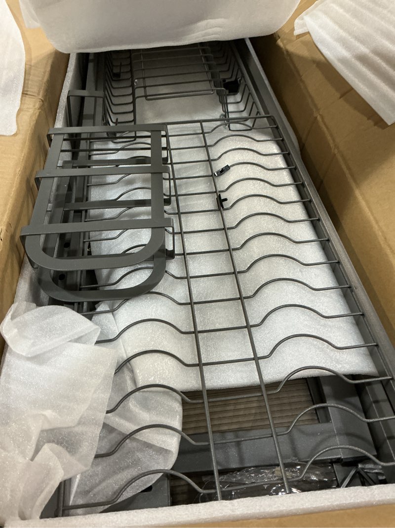 Condition photo showing Good Condition for over the sink dish drying rack with cover, over the sink dish drainer drying rack 3 tier dish rack, keep kitchen sink shlef organized space-saving for dishes and cutlery (matte gray, 33.4" length) matte gray 33.4" length