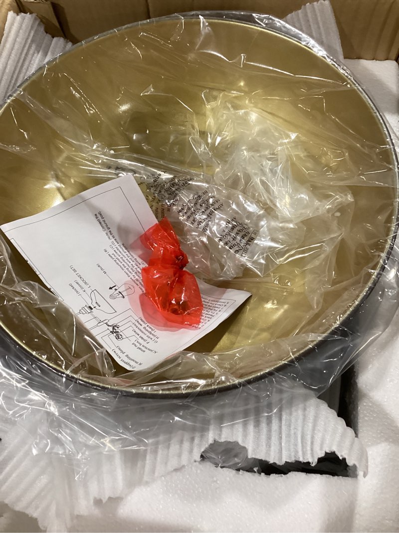 Condition photo showing Good Condition for Bestshared Farmhouse Barn Light, 14 Inch Dome Farmhouse Wall Mount Light Fixture, Outdoor Wall Sconce,Exterior Lighting Fixture,Wall Porch Light for Front Door, Entryway,Patio(ORB+Gold, 14”Dome-1Pack) Oil Rubbed Bronze+Gold 14” Dome-1Pack