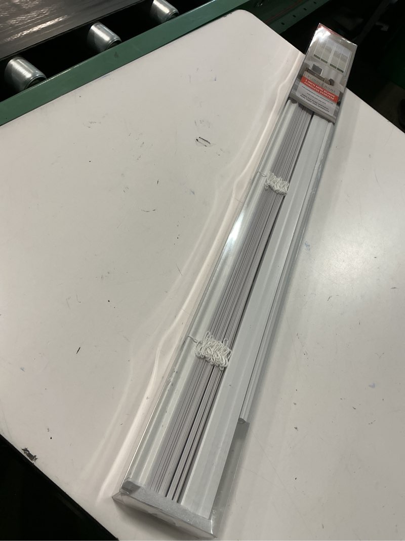 Condition photo showing New/Like New for lotus & windoware cordless mini blind, 1" vinyl slats, 30" wide x 48" long - white, window blinds for home and office, interior door blinds - light filtering