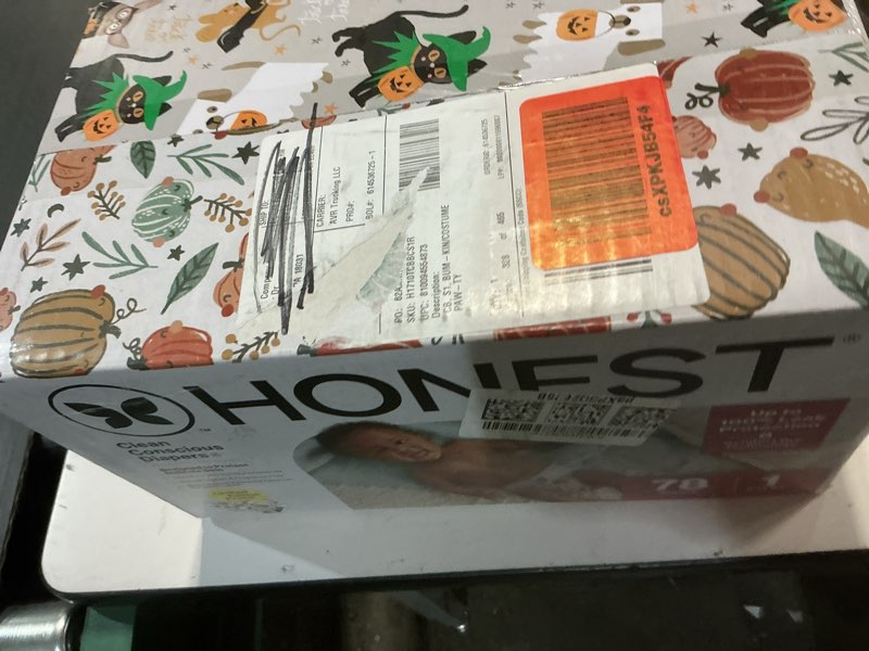 Condition photo showing New/Like New for the honest company comfort dry disposable diapers for sensitive skin, hypoallergenic, fragrance-free, fall '25 seasonal prints, club box, size 1 (8-14 lbs), 78 count size 1 (78 count) bum-kin patch + costume paw-ty