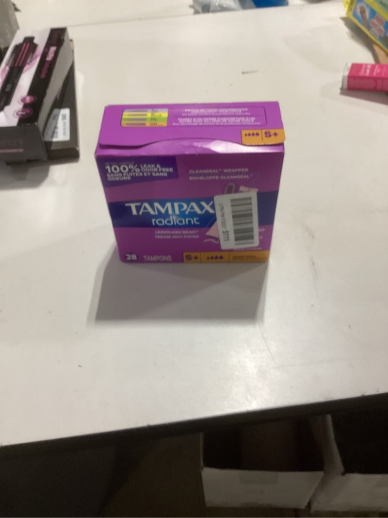 Condition photo showing New/Like New for tampax radiant tampons, with leakguard braid, super plus absorbency, unscented, 28 count, packaging may vary