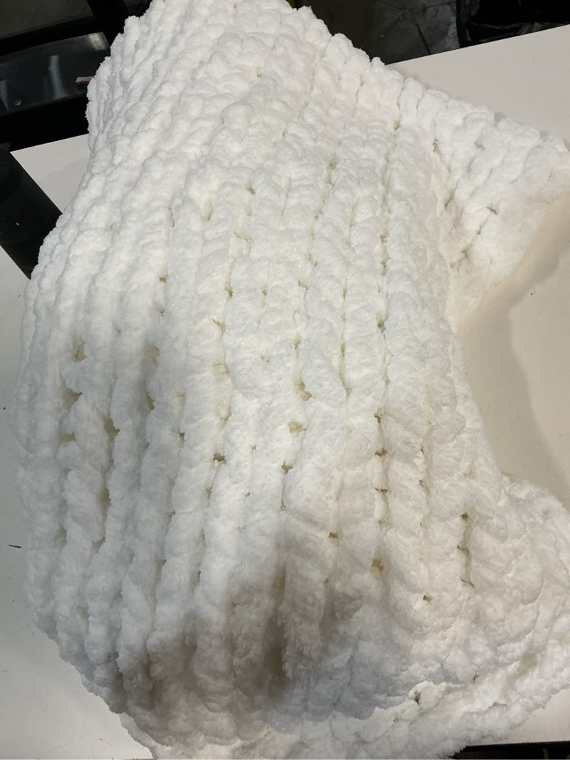 Condition photo showing Good Condition for soft chunky knit throw blanket for couch, cozy warm knitted blankets | hand knit with jumbo chenille, lightweight warm fluffy decor for women, mom, her & girls, sofa, chair, bed, 40"×40" (white)