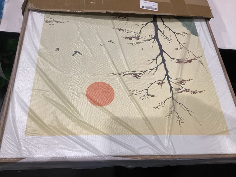 Condition photo showing Good Condition for chinoiserie bamboo forest framed canvas wall art set, nature tree lakes wall decor, minimalist zen landscape wall painting, watercolor art prints for living room, bedroom, office 24"x36"x3 chinoiserie bamboo wall art 24"l x 36"w