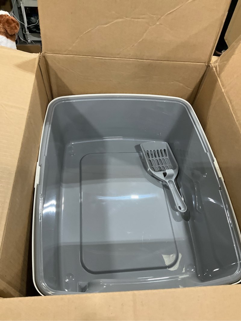Condition photo showing Good Condition for amazon basics large cat litter box with high sides, open top, includes scoop, 19 x 15 x 11.75 inches, grey/beige
