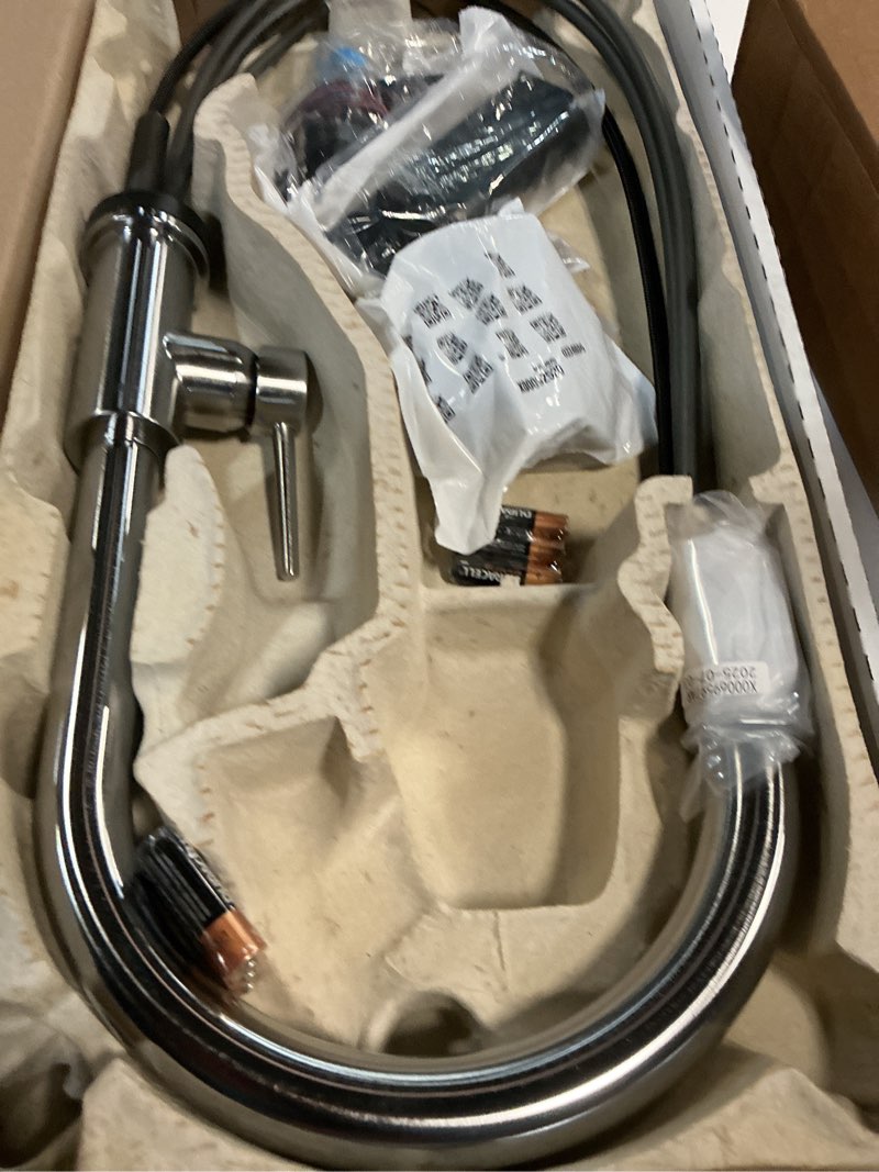 Condition photo showing As Is for Delta Trinsic Brushed Nickel Touch Kitchen Faucet with Pull Down Sprayer, Modern Single Hole Touch On Kitchen Sink Faucet, Single Handle, Arctic Stainless 9159T-AR-DST Arctic Stainless Touch Activation