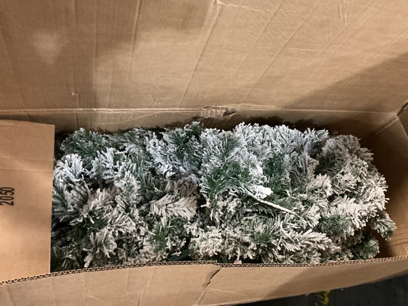 Condition photo showing As Is for 7.5ft premium artificial christmas tree, realistic spruce design with metal hinge construction, easy setup foldable stand, perfect for family celebrations and festive decor 7.5 ft flocking color is green and white