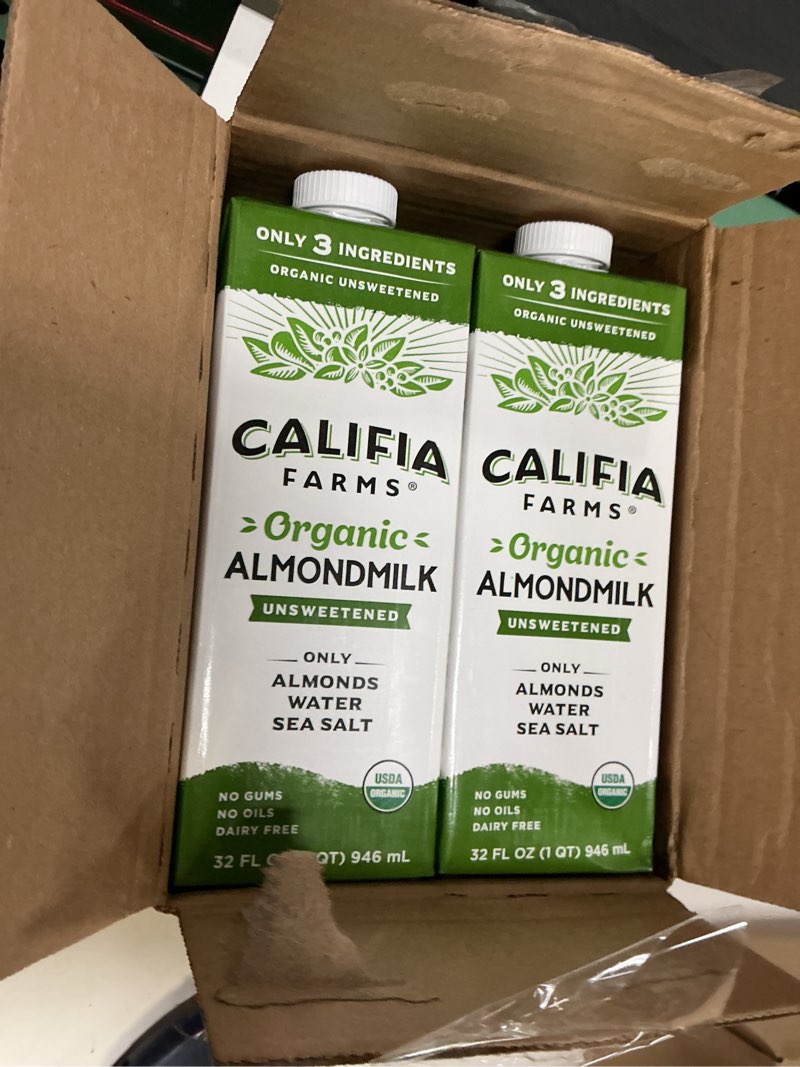 Condition photo showing New/Like New for (bbd19/06/26)  califia farms - organic unsweetened almond milk, 32 oz (pack of 6), dairy free, vegan, plant based, keto, vegan, gluten free, non gmo, usda organic