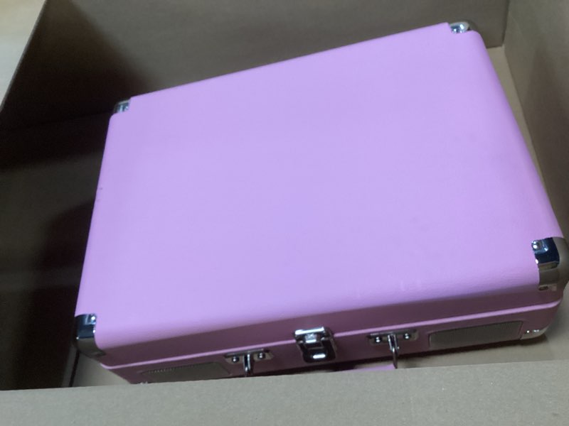 Condition photo showing As Is for Pink Vinyl Record Player 3 Speeds Portable Suitcase Turntable with Built-in Dual Speakers, Bluetooth Gramophone with Built-in Battery 3.5mm Aux Input/RCA Output Pink Silver