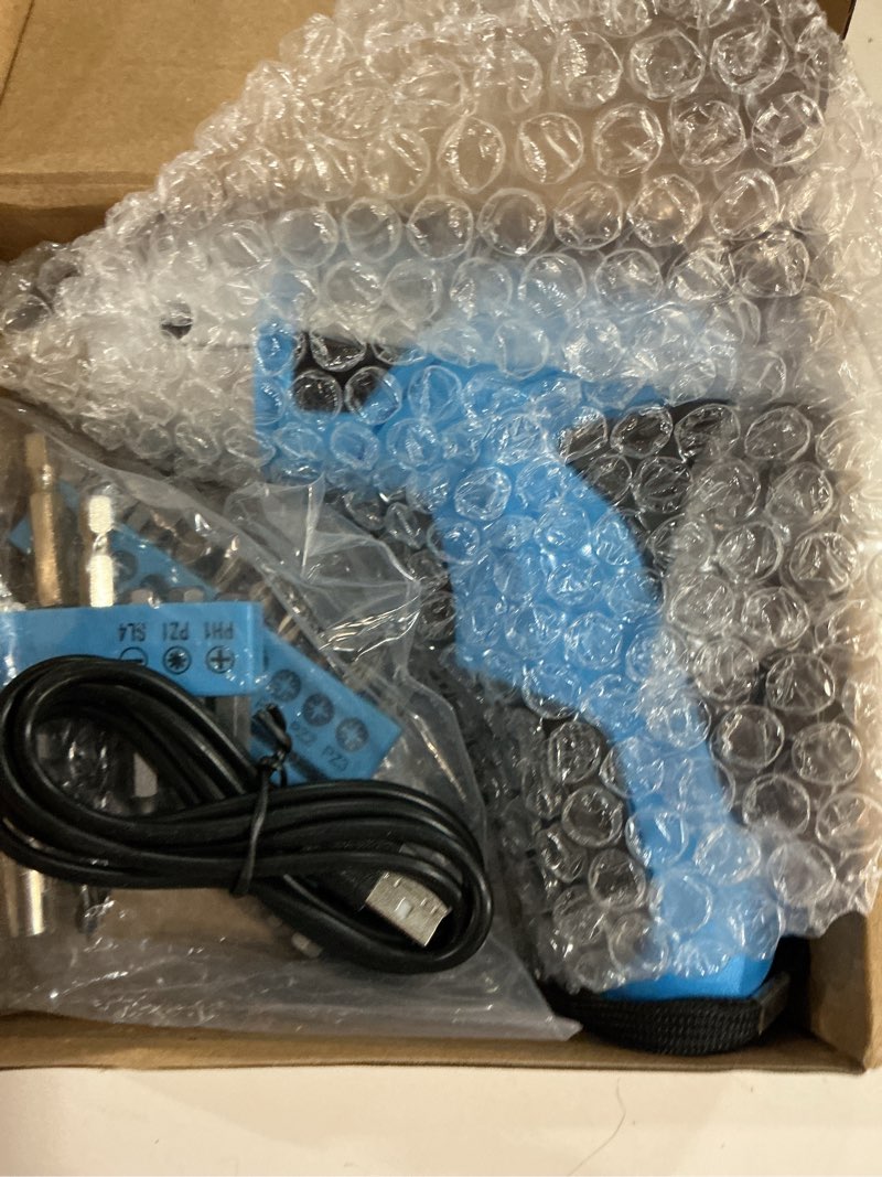 Condition photo showing New/Like New for hi-spec small electric screwdriver, mini drill set, rechargeable 3.6v cordless screwdriver with 26 driver bits, power tool for small projects & home use, blue