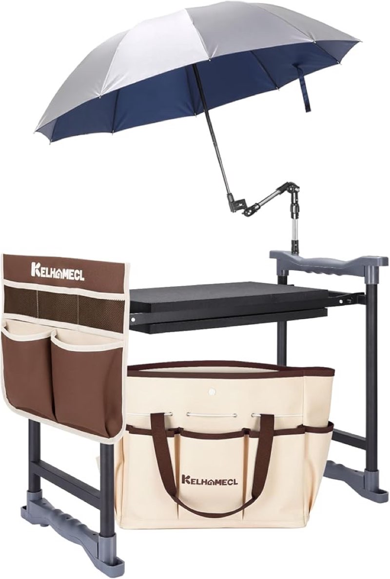 KELHOMECL Garden Kneeler and Seat with Umbrella, 2-in-1 Foldable Gardening Stool with Adjustable Bra(COLOR IS BLACK )