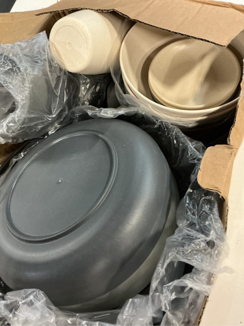 Condition photo showing Good Condition for homienly 40 pcs wheat straw dinnerwave sets for 8 unbreakable plates and bowls sets with cups & saucers, microwave dishwasher safe dishes sets for kitchen, camping, rv, party, stackable (gery stone) gery stone 40 pcs