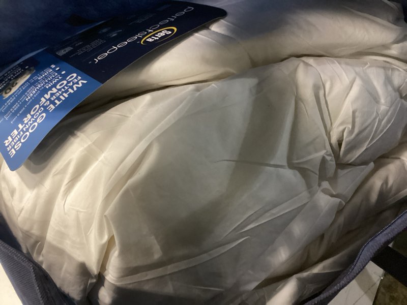 Condition photo showing As Is for Serta Goose Feather Down Fiber Cotton Comforter Queen Size - 100% Cotton Duvet Insert - Hotel Luxury Hypoallergenic Bedding Comforter All Season Medium Warmth 90 x 90 Inch White Full/Queen All Season