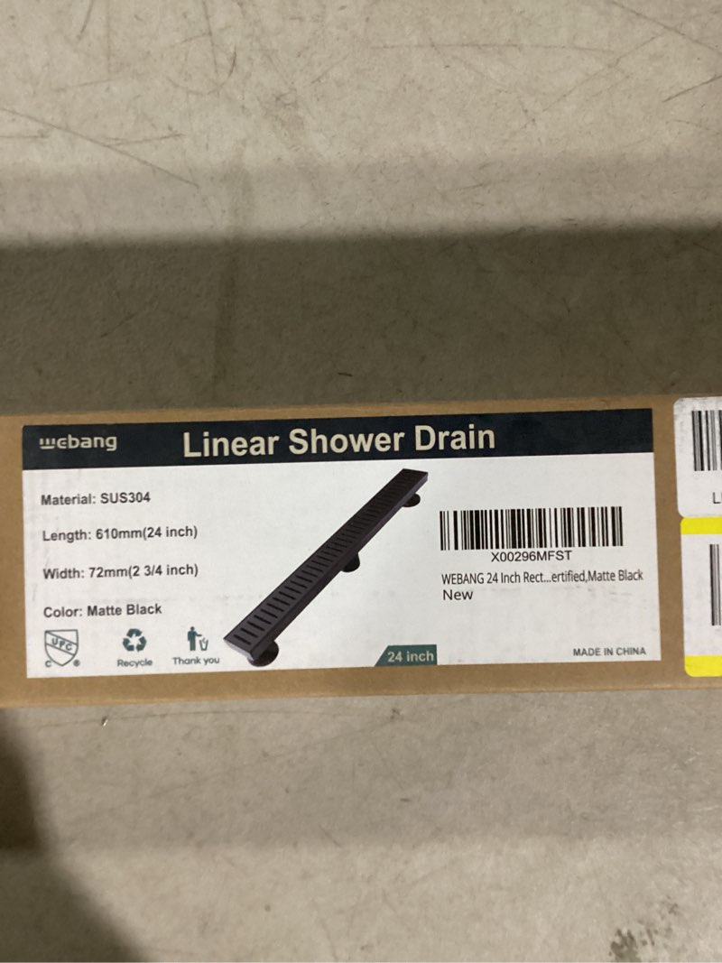 Condition photo showing New/Like New for WEBANG 24 Inch Linear Shower Drain Rectangular Floor Drain with Accessories Capsule Pattern Cover Grate Removable SUS304 Stainless Steel CUPC Certified Matte Black Matte Black 24 Inch