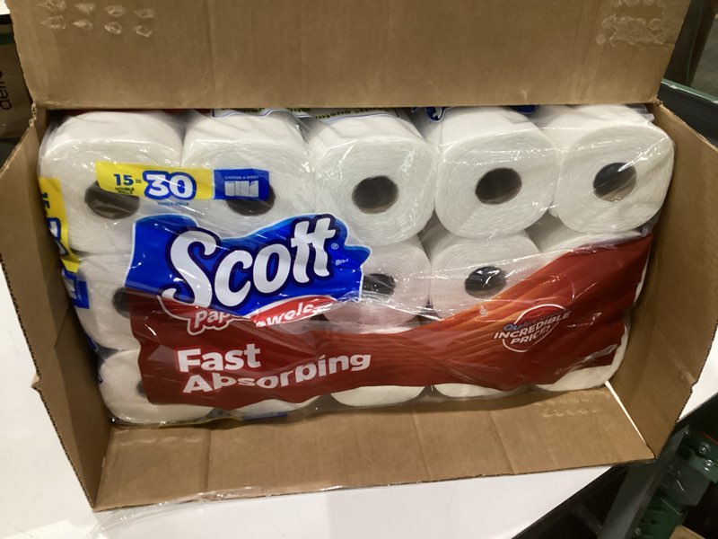 Condition photo showing Good Condition for scott paper towels, choose-a-sheet, 30 double rolls = 60 regular rolls (108 sheets per roll) double 30 rolls (108 sheets each)