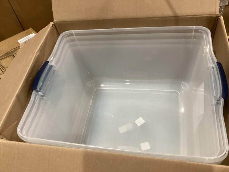 Condition photo showing As Is for rubbermaid 71 quart storage tote  clever store  plastic  stackable  latching  lid included  clear (4 pack)