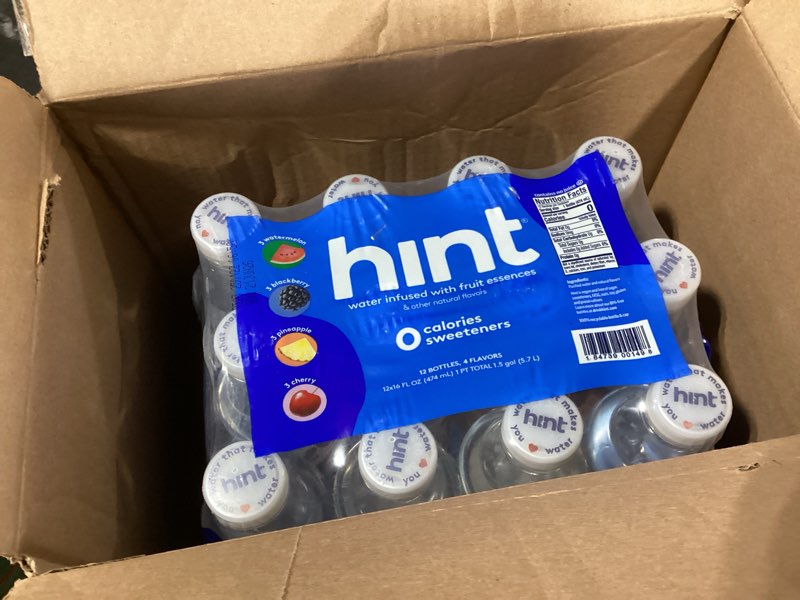 Condition photo showing New/Like New for similar product Hint Fruit-Infused Bottled Water, Best Sellers Variety Pack - Sugar Free Flavored Water with Zero Calories, Natural Fruit Essences, and No Artificial Sweeteners - 16 Fl Oz (Pack of 12) Best Sellers Variety Pack 16 Fl Oz (Pack of 12)