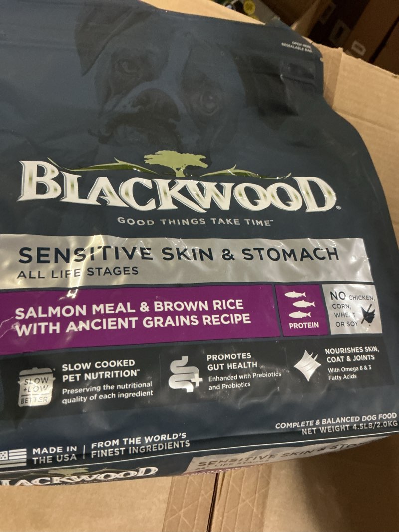Condition photo showing New/Like New for (BFB:JUN/06/2026-JUN/16/2026)Blackwood Sensitive Skin & Stomach Dry Dog Food, Salmon Meal & Brown Rice with Ancient Grains, 4.5 Pound Bag with Prebiotics & Probiotics to Promote Gut Health Salmon Meal & Brown Rice with Ancient Grains 4.5 Pound (Pack of 1)