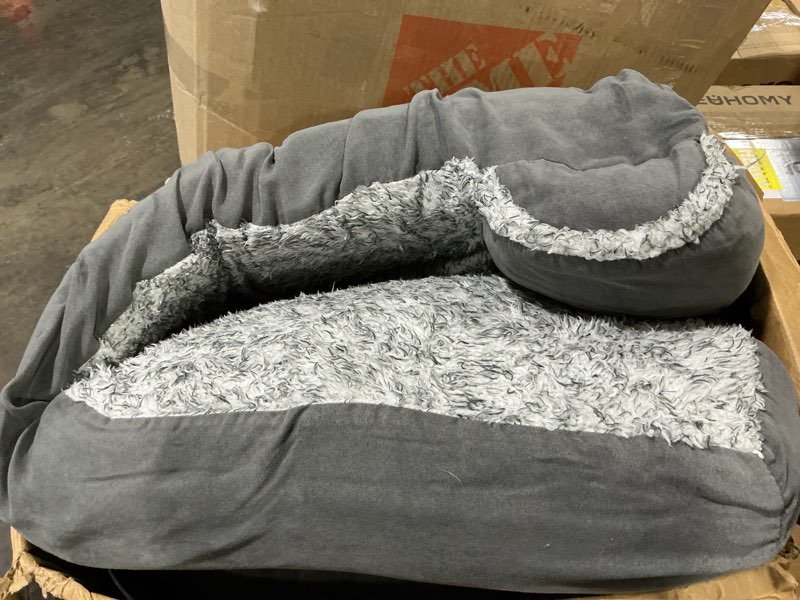Condition photo showing Good Condition for Furhaven Orthopedic Dog Bed for Large Dogs w/ Removable Bolsters & Washable Cover, For Dogs Up to 95 lbs - Two-Tone Plush Faux Fur & Suede L Shaped Chaise - Stone Gray, Jumbo/XL Jumbo Stone Gray