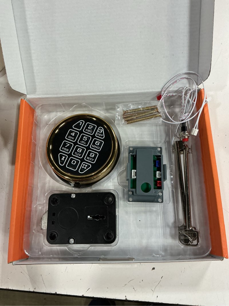 Condition photo showing As Is for gun safe lock replacement with right swing bolt lock & 2 emerency keys, digital electronic gold keypad lock for high security safe box and security cabinet (right swing bolt)