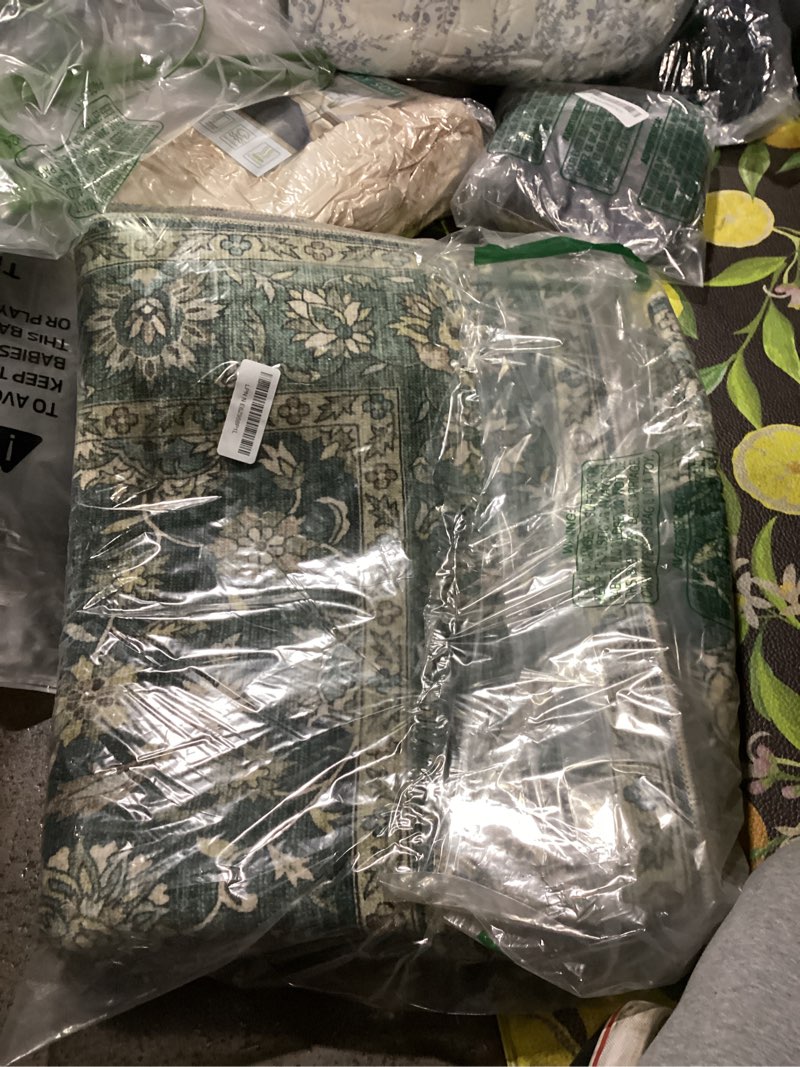 Condition photo showing Good Condition for washable 3x5 entryway rug, boho non-slip vintage distress small rugs for kitchen nursery office bedroom, 0.3" neutral oriental throw thin carpet with cushioning pad, sage green/multi, e1 sage green/blue/multi 3' x 5' (rectangular)