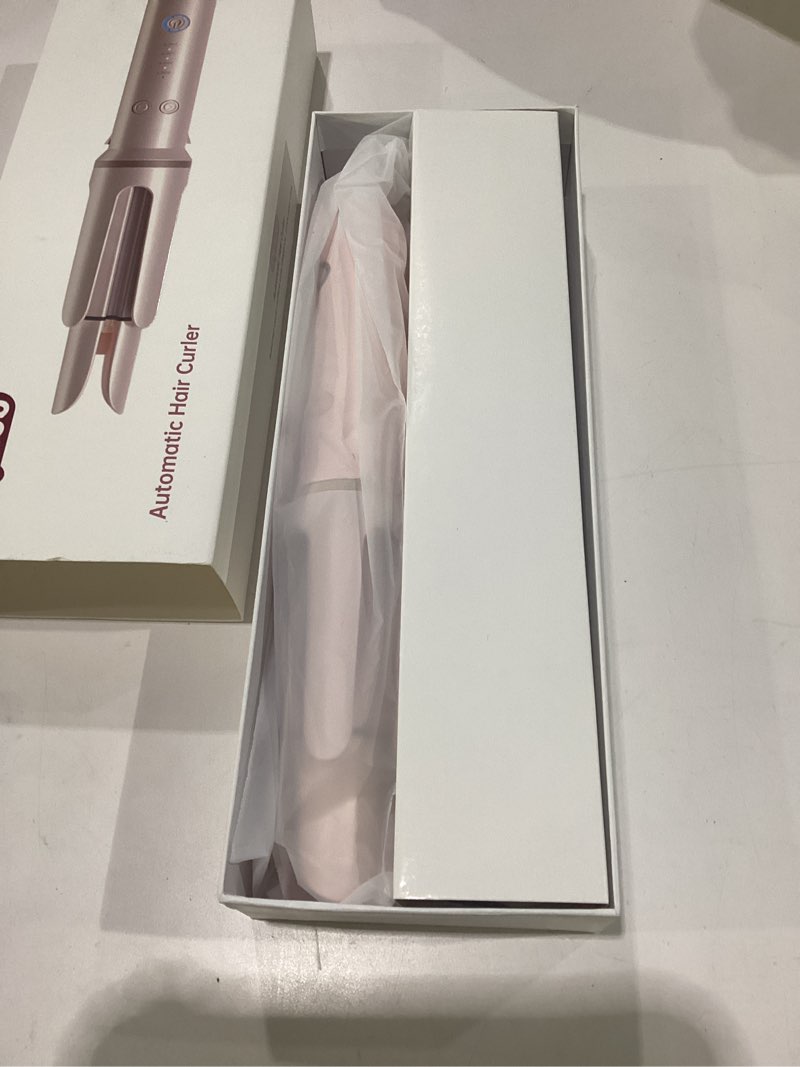 Condition photo showing New/Like New for automatic curling iron, 4 temp, 1.25" rotating curling wand for beach waves &loose curls, ionic ceramic barrel, anti-scald&tangle, dual voltage, pink