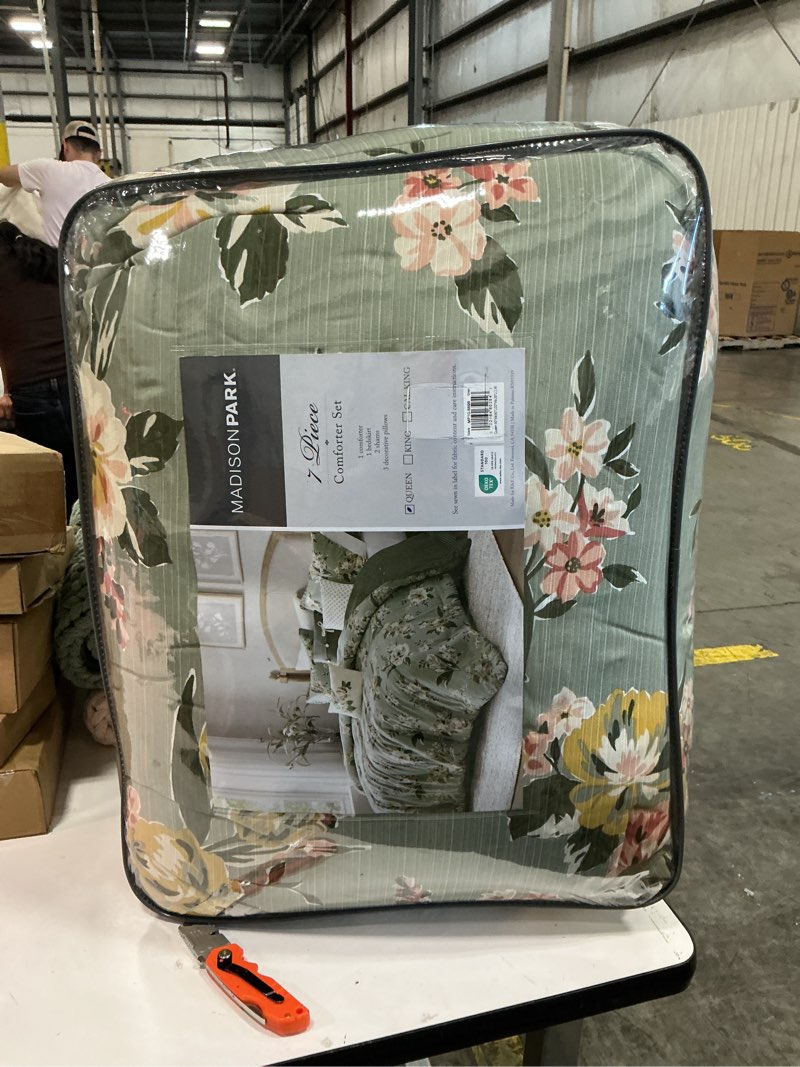 Condition photo showing New/Like New for madison park vintage floral reversible comforters king size bed, all season, down alternative bedding comforter, bedskirt, pillows, shams, salara, queen green 7 piece | reversible green queen