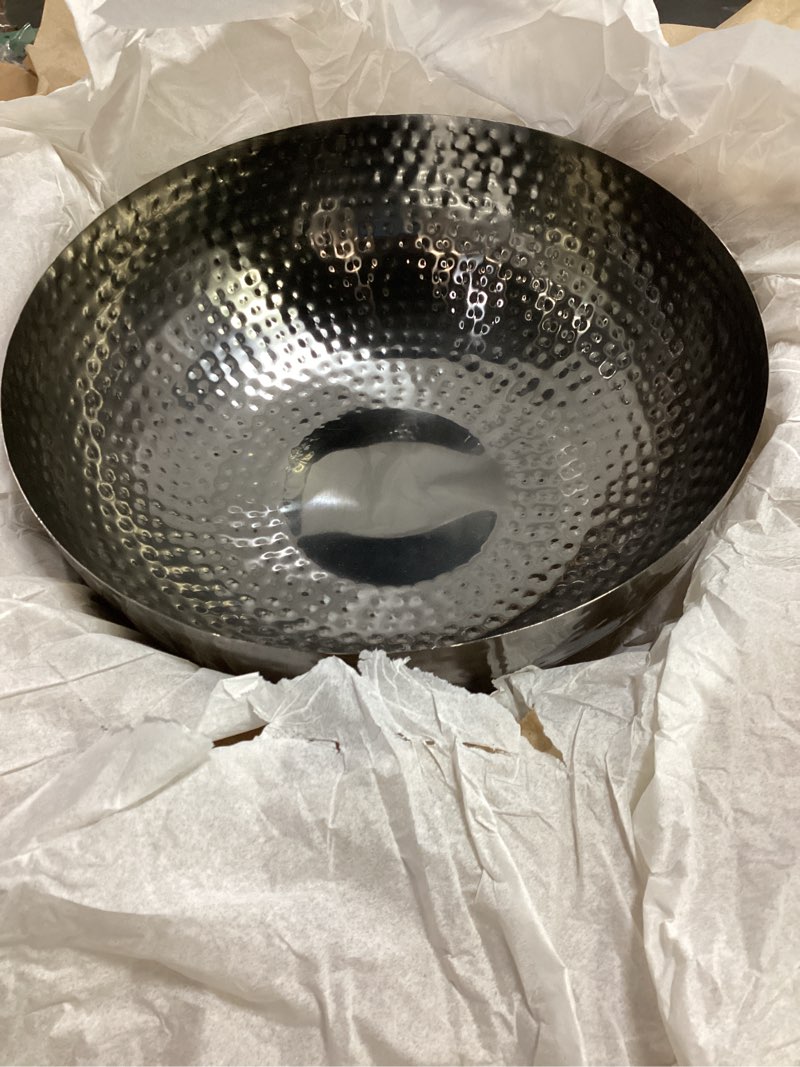 Condition photo showing Good Condition for round hammered metal bowl, oxidized silver