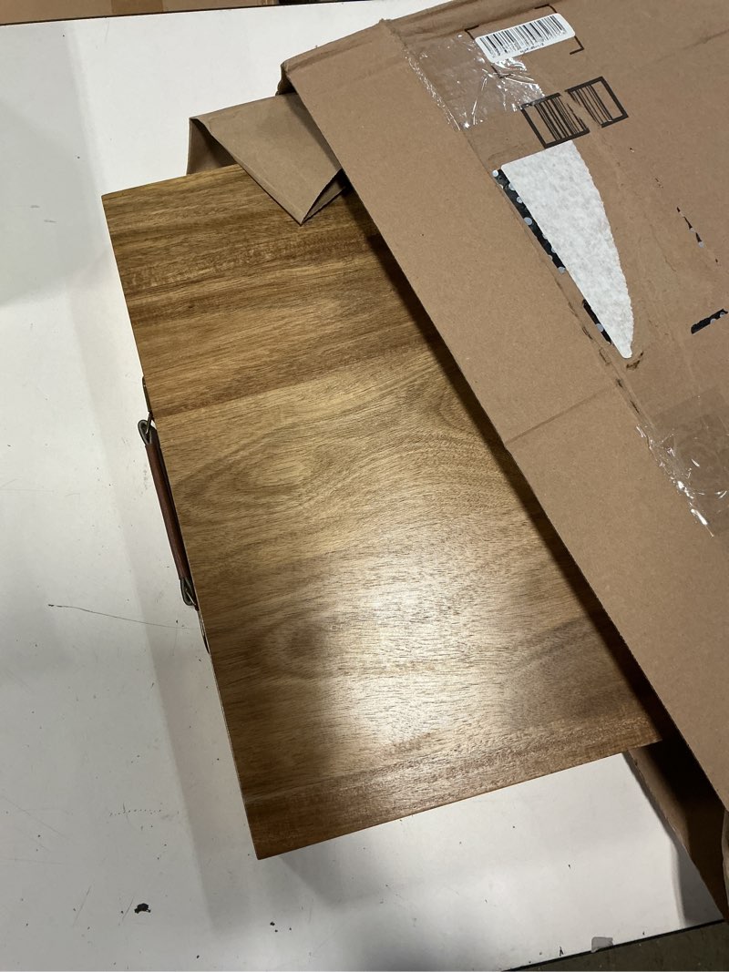 Condition photo showing New/Like New for mygift 18-inch herringbone solid acacia wood serving tray – square ottoman tray with pu leather handles, rustic coffee table or breakfast display tray