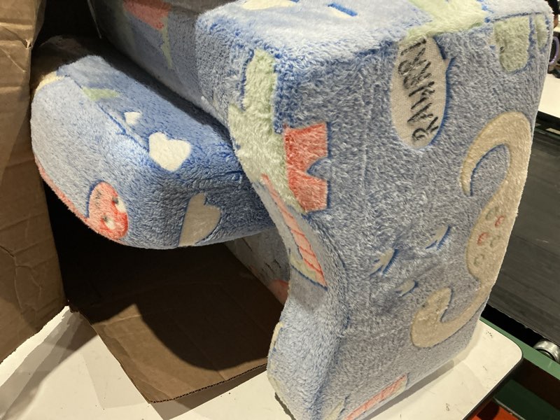 Condition photo showing As Is for thick comfy toddler chair and couch for kids,2-in-1 soft plush fold out sofa for children,convertible couch to lounger for toddler blue dinosaur flannel