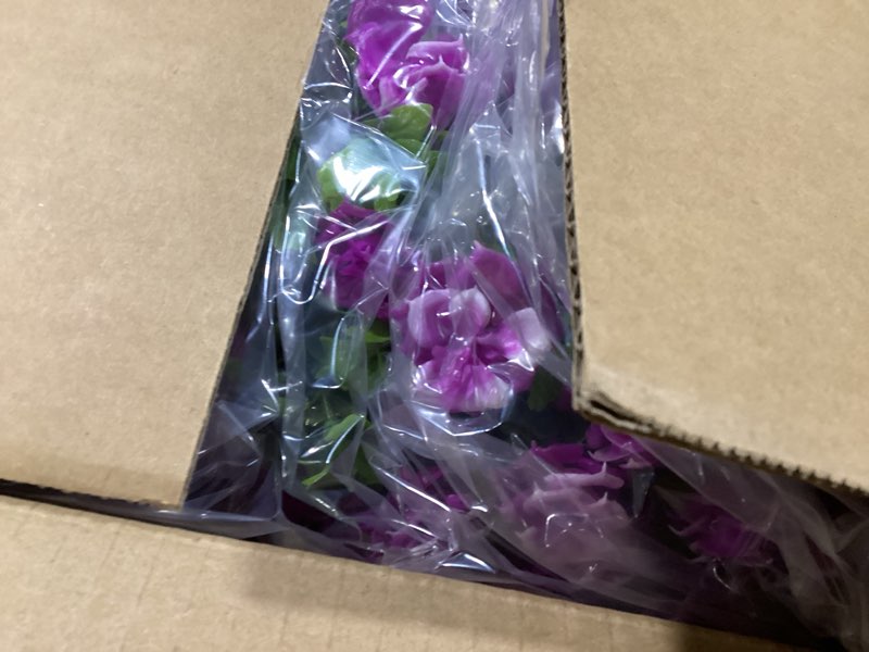 Condition photo showing Good Condition for 25" Artificial Boxwood Topiary Ball Trees with Purple RoseFlowers, Set of 2 UV Resistant No Fade Outdoor Faux Plants with Ground Spike, Fake Shrubs for Garden, Patio, Porch, Yard, Indoor